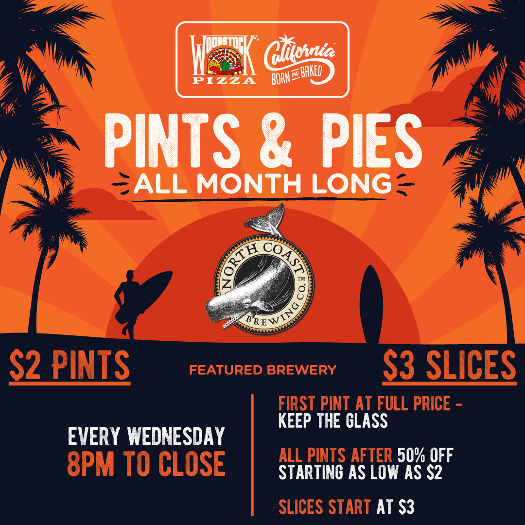 Pints & Pies all month long. North Coast Brewing is our featured brewery. Every Wednesday 8pm to close. $2 Pints $3 slices.